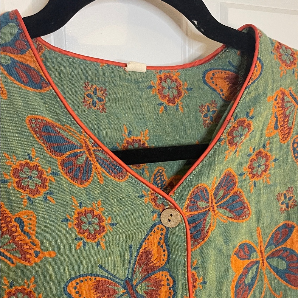 Boho Butterfly Print Cotton Blouse M Artisan Button Front Green Orange - Picture 4 of 10